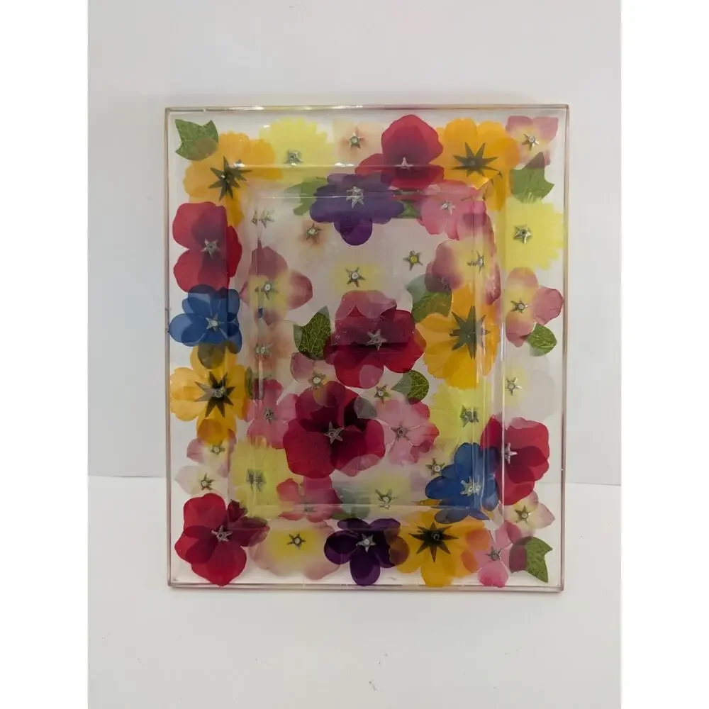 Vintage Acrylic Lucite Tray With Multicolored Flowers 12” X 10” Vintage Summer